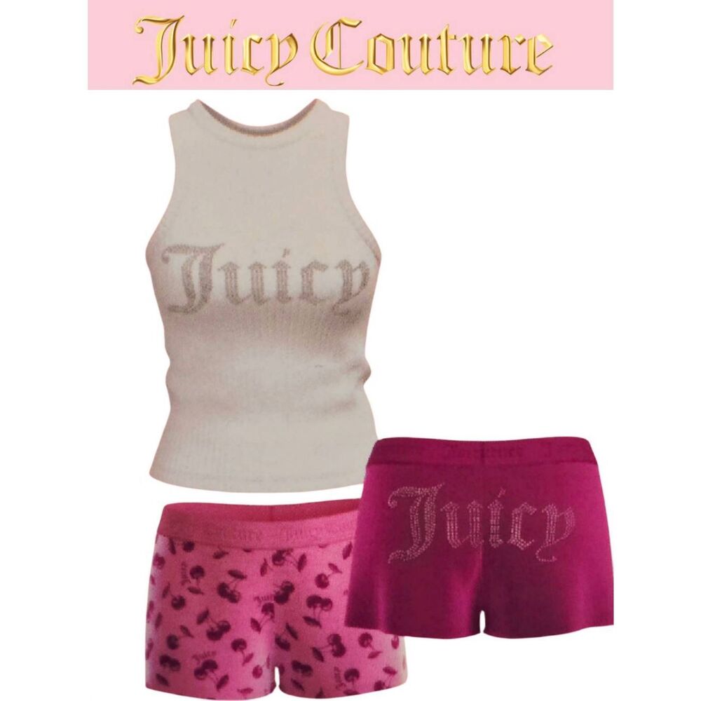 Juicy Couture 3-PC Rhinestone Logo Ribbed Tank & Cherry/Solid Lounge Shorts